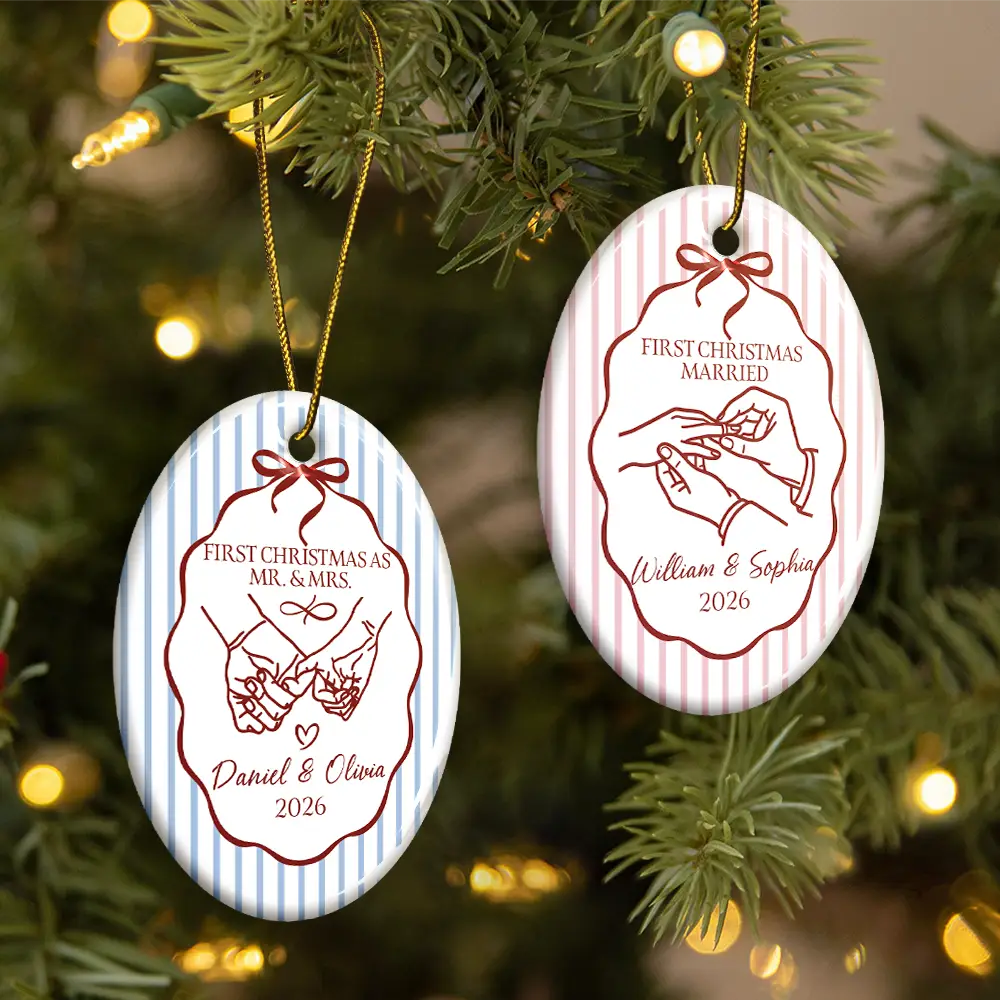 Christmas, Married Couple, Romantic, Gift For Couples, Icon - First Christmas Married Stripes Pattern - Personalized Oval Ceramic Ornament