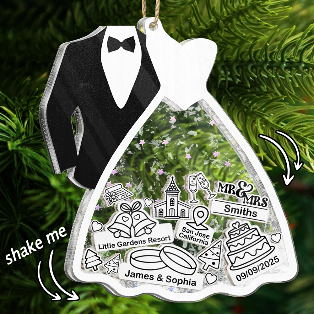 First Christmas Ornament Couple Bride & Groom - Personalized 3-Layered Acrylic Shaker Ornament