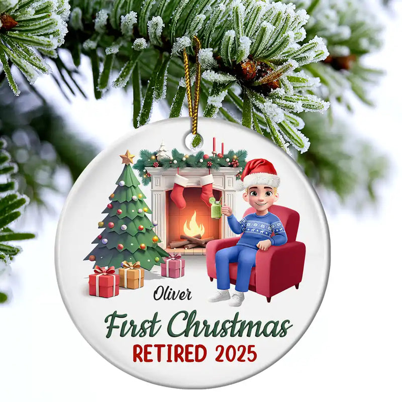 Retirement,Parents,Gift For Grandparents,Happy,Christmas,Gift For Yourself - First Christmas Retired - Personalized Circle Ceramic Ornament