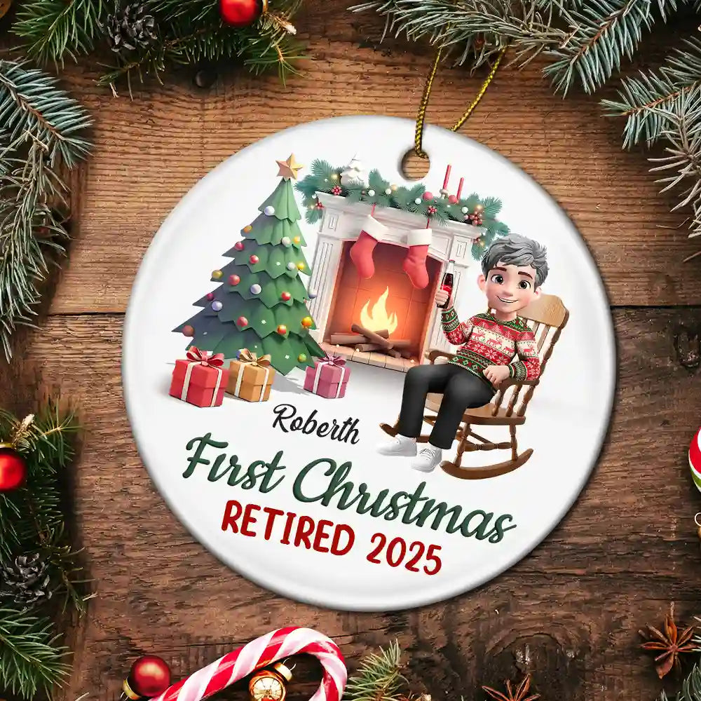 Retirement,Parents,Gift For Grandparents,Happy,Christmas,Gift For Yourself - First Christmas Retired - Personalized Circle Ceramic Ornament