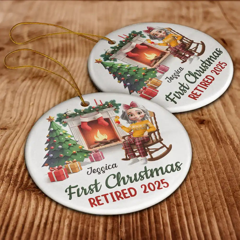 Retirement,Parents,Gift For Grandparents,Happy,Christmas,Gift For Yourself - First Christmas Retired - Personalized Circle Ceramic Ornament