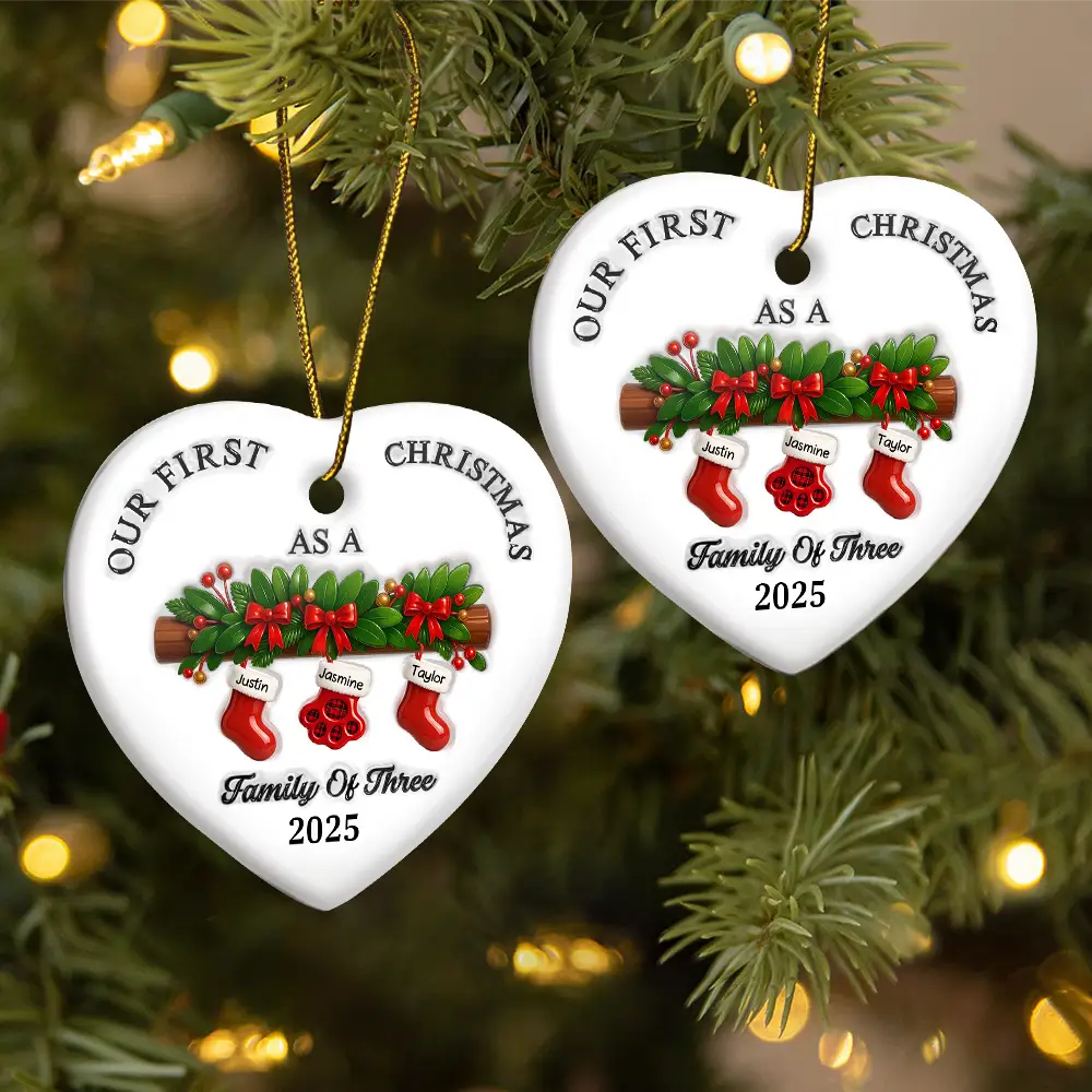 Family,Pet Lovers,Pet Mom,Pet Dad,Pet Couple,Dog Lovers,Dog Couple,Dog Mom,Dog Dad,Cat Lovers,Cat Mom,Cat Dad,Cat Couple,Happy,Christmas - First Christmas Stocking Family - 3D Inflated Effect Printed Ornament, Personalized Heart Ceramic Ornament
