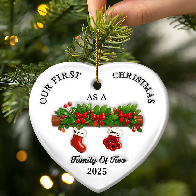 Family,Pet Lovers,Pet Mom,Pet Dad,Pet Couple,Dog Lovers,Dog Couple,Dog Mom,Dog Dad,Cat Lovers,Cat Mom,Cat Dad,Cat Couple,Happy,Christmas - First Christmas Stocking Family - 3D Inflated Effect Printed Ornament, Personalized Heart Ceramic Ornament