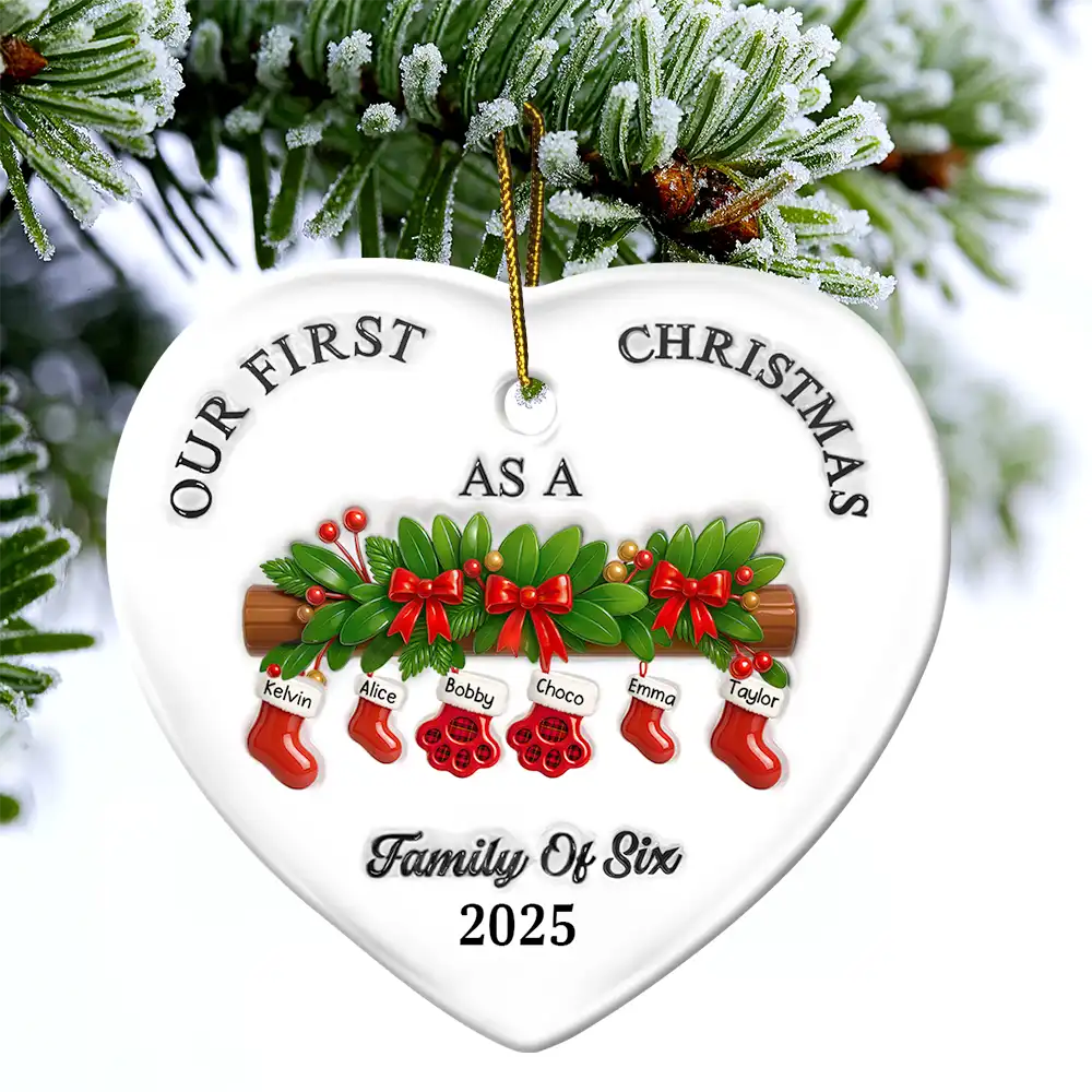 Family,Pet Lovers,Pet Mom,Pet Dad,Pet Couple,Dog Lovers,Dog Couple,Dog Mom,Dog Dad,Cat Lovers,Cat Mom,Cat Dad,Cat Couple,Happy,Christmas - First Christmas Stocking Family - 3D Inflated Effect Printed Ornament, Personalized Heart Ceramic Ornament