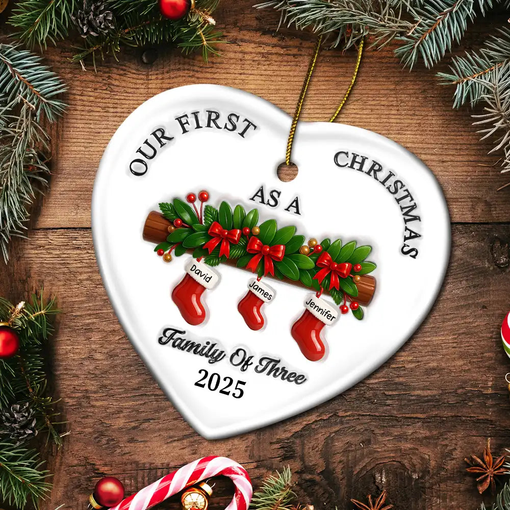 Family,Pet Lovers,Pet Mom,Pet Dad,Pet Couple,Dog Lovers,Dog Couple,Dog Mom,Dog Dad,Cat Lovers,Cat Mom,Cat Dad,Cat Couple,Happy,Christmas - First Christmas Stocking Family - 3D Inflated Effect Printed Ornament, Personalized Heart Ceramic Ornament