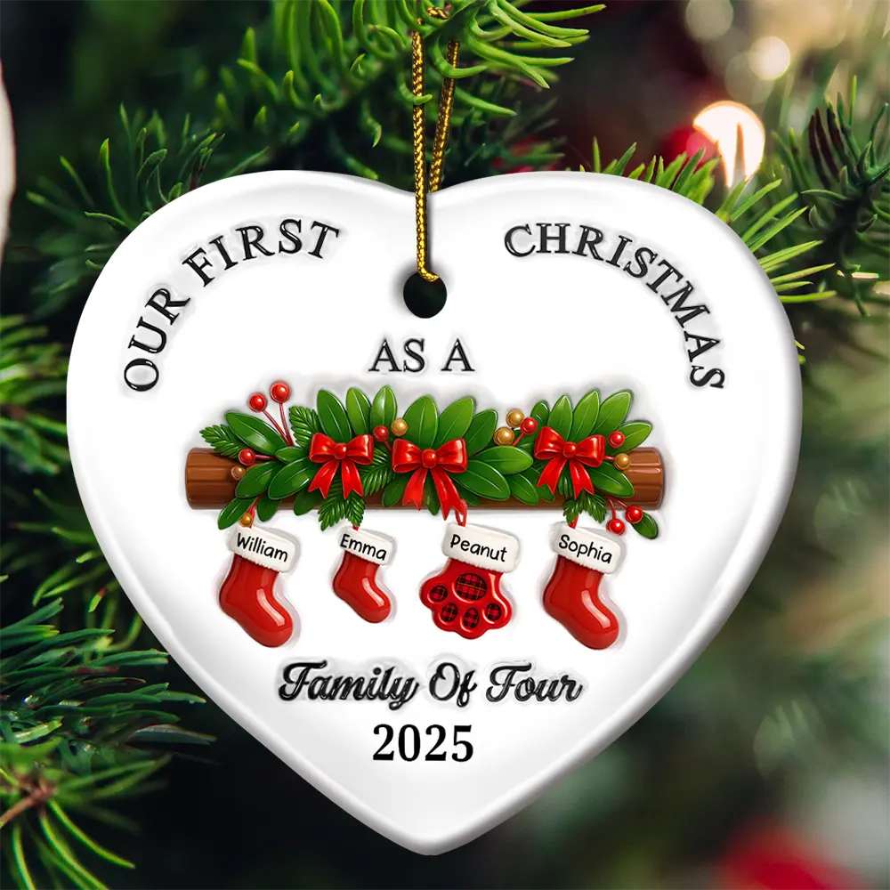 First Christmas Stocking Family - 3D Inflated Effect Printed Ornament, Personalized Heart Ceramic Ornament