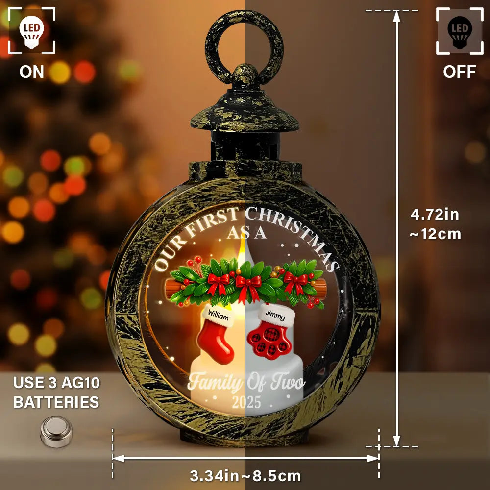 Family,Pet Lovers,Pet Mom,Pet Dad,Pet Couple,Dog Lovers,Dog Couple,Dog Mom,Dog Dad,Cat Lovers,Cat Mom,Cat Dad,Cat Couple,Happy,Christmas - First Christmas Stocking Family - Personalized Candlelight Lantern Ornament