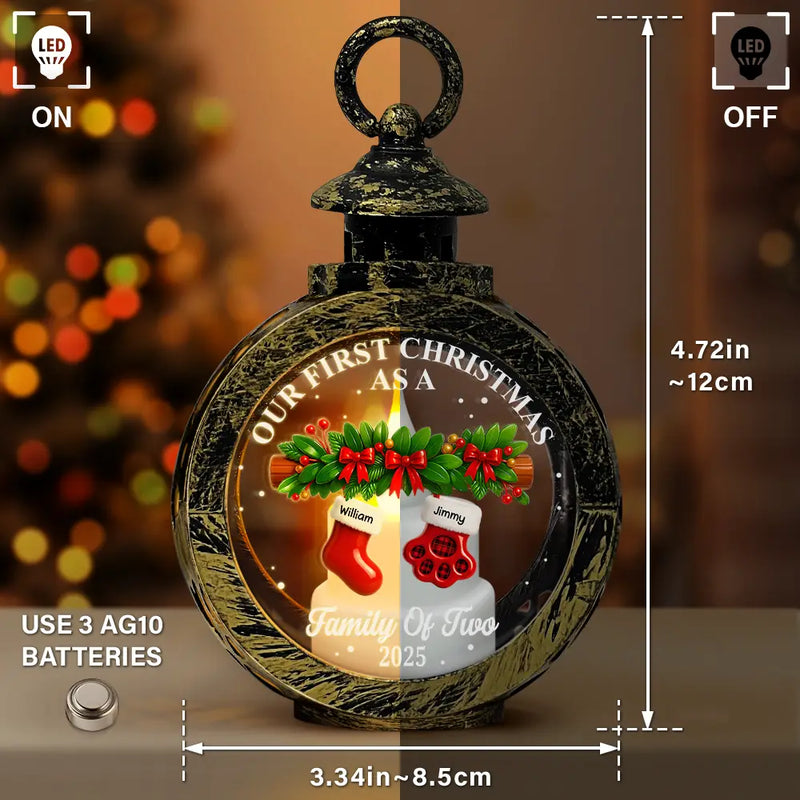 Family,Pet Lovers,Pet Mom,Pet Dad,Pet Couple,Dog Lovers,Dog Couple,Dog Mom,Dog Dad,Cat Lovers,Cat Mom,Cat Dad,Cat Couple,Happy,Christmas - First Christmas Stocking Family - Personalized Candlelight Lantern Ornament