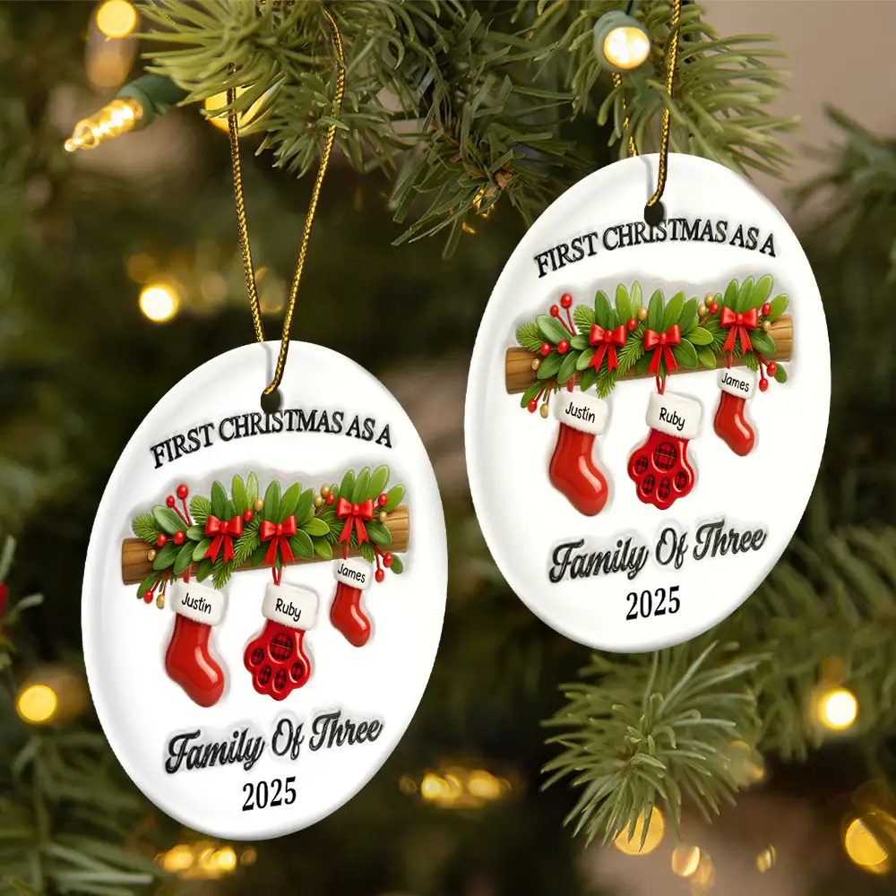 Family,Pet Lovers,Pet Mom,Pet Dad,Pet Couple,Dog Lovers,Dog Couple,Dog Mom,Dog Dad,Cat Lovers,Cat Mom,Cat Dad,Cat Couple,Happy,Christmas,Top Market - First Christmas Stocking Family - Personalized Circle Ceramic Ornament