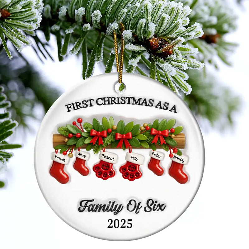 Family,Pet Lovers,Pet Mom,Pet Dad,Pet Couple,Dog Lovers,Dog Couple,Dog Mom,Dog Dad,Cat Lovers,Cat Mom,Cat Dad,Cat Couple,Happy,Christmas,Top Market - First Christmas Stocking Family - Personalized Circle Ceramic Ornament