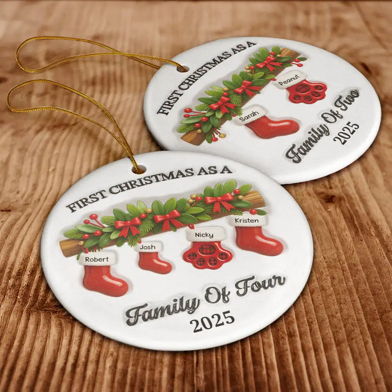 Family,Pet Lovers,Pet Mom,Pet Dad,Pet Couple,Dog Lovers,Dog Couple,Dog Mom,Dog Dad,Cat Lovers,Cat Mom,Cat Dad,Cat Couple,Happy,Christmas,Top Market - First Christmas Stocking Family - Personalized Circle Ceramic Ornament