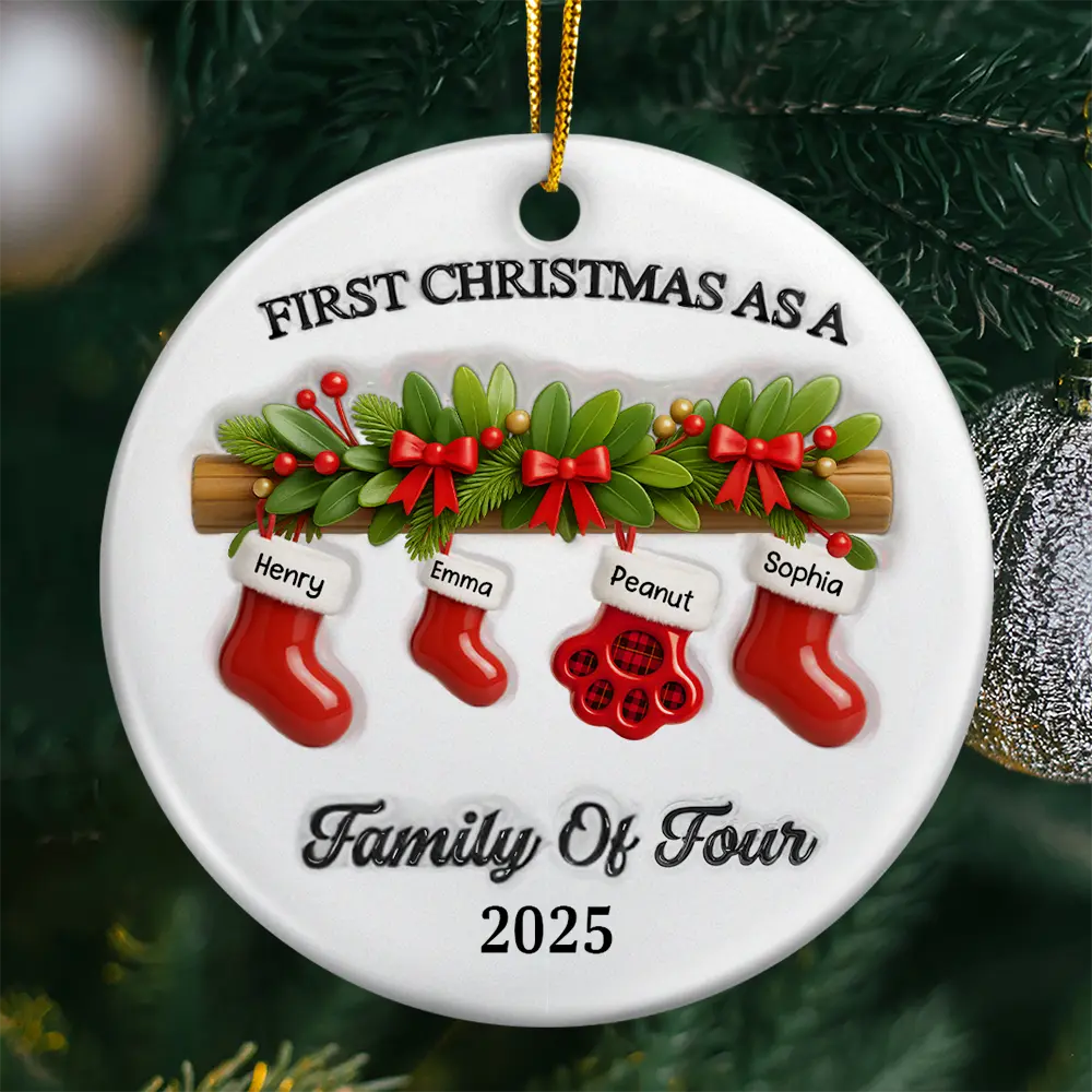 Family,Pet Lovers,Pet Mom,Pet Dad,Pet Couple,Dog Lovers,Dog Couple,Dog Mom,Dog Dad,Cat Lovers,Cat Mom,Cat Dad,Cat Couple,Happy,Christmas,Top Market - First Christmas Stocking Family - Personalized Circle Ceramic Ornament
