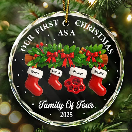 First Christmas Stocking Family - Personalized Circle Glass Ornament