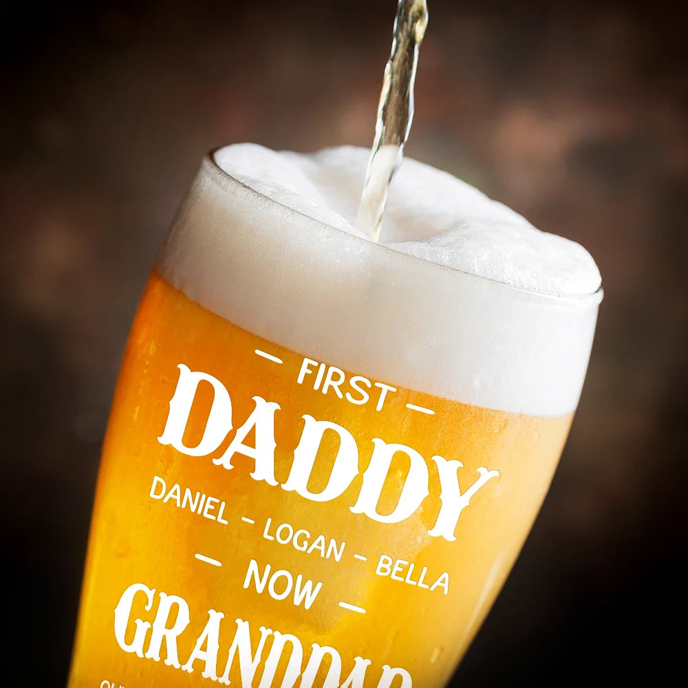 Gift For Grandpa, Gift For Father, Happy - First Dad Now Grandpa Simple Kid Names - Personalized Pilsner Glass