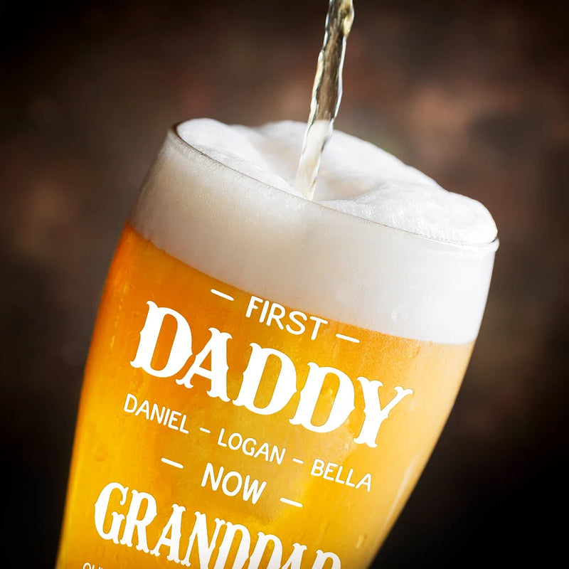 Gift For Grandpa, Gift For Father, Happy - First Dad Now Grandpa Simple Kid Names - Personalized Pilsner Glass