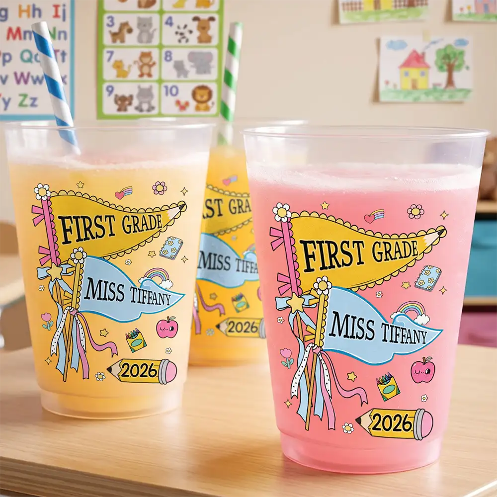 First Day Of School Teacher Name Pennant - Personalized Frosted Cups