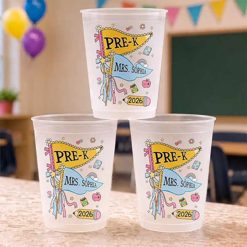 Adorable,Teacher,Back To School,Warp Text - First Day Of School Teacher Name Pennant - Personalized Frosted Cups