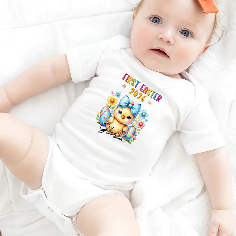 Easter,Gift For Kids,Grandma,Grandkids,Gift For Grandkids,Grandpa,Dad,Children,Mom,Children,Happy - First Easter Bunny Chicken With Alphabet Letters - Personalized Baby Onesie