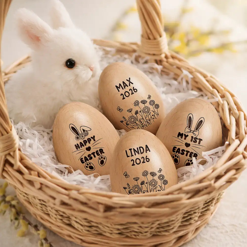 Gift For Kids,Grandma - Grandkids,Gift For Grandkids,Dad - Children,Mom - Children,Easter,Happy - First Easter Cute Bunny With Name - Personalized Musical Wooden Easter Egg Shaker