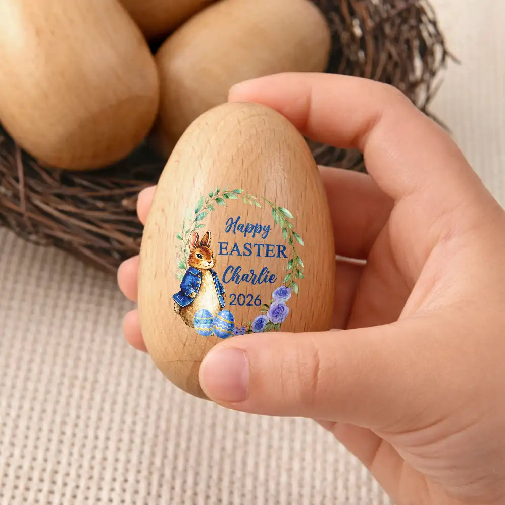 Easter,Non-Eng,Gift For Kids,Gift For Grandkids,Grandma - Grandkids,Grandpa - Grandkids,Dad - Children,Mom - Children,Happy - First Easter With Adorable Bunny - Personalized Musical Wooden Easter Egg Shaker