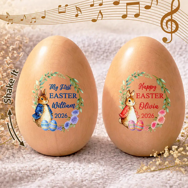 Easter,Non-Eng,Gift For Kids,Gift For Grandkids,Grandma - Grandkids,Grandpa - Grandkids,Dad - Children,Mom - Children,Happy - First Easter With Adorable Bunny - Personalized Musical Wooden Easter Egg Shaker