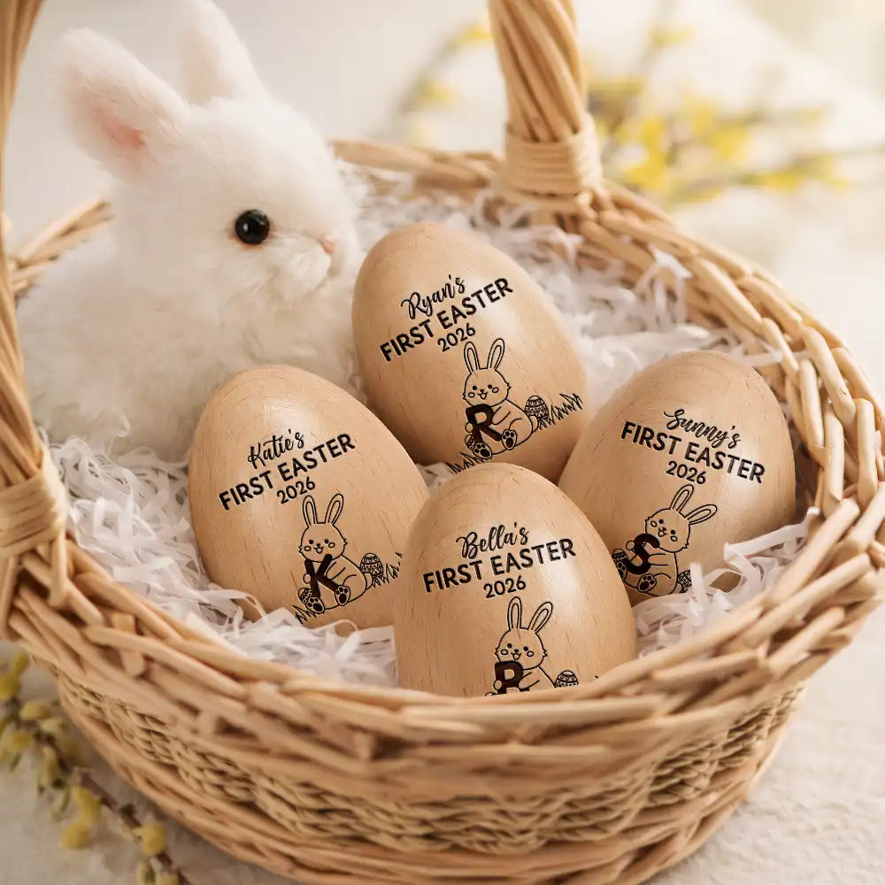 Easter,Gift For Yourself,Gift For Kids,Happy - First Easter With Alphabet - Personalised Musical Wooden Easter Egg Shaker