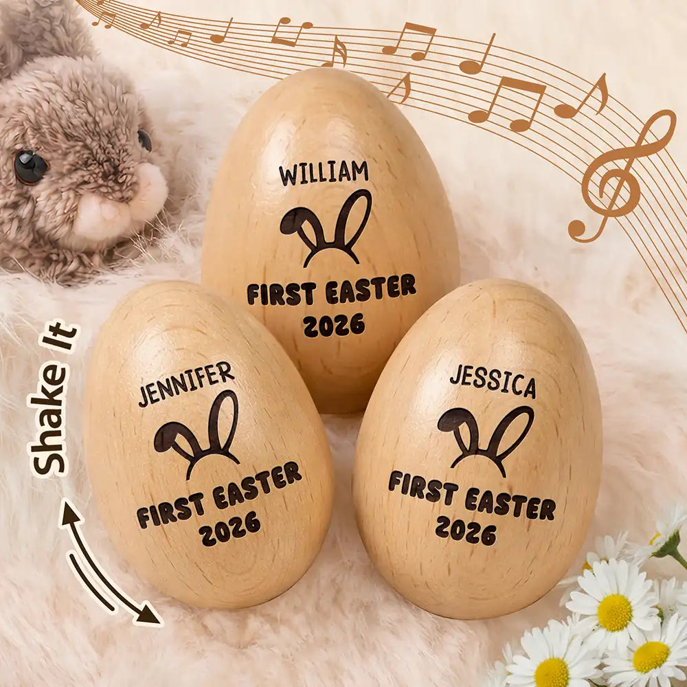 First Easter With Custom Name - Personalized Musical Wooden Easter Egg Shaker
