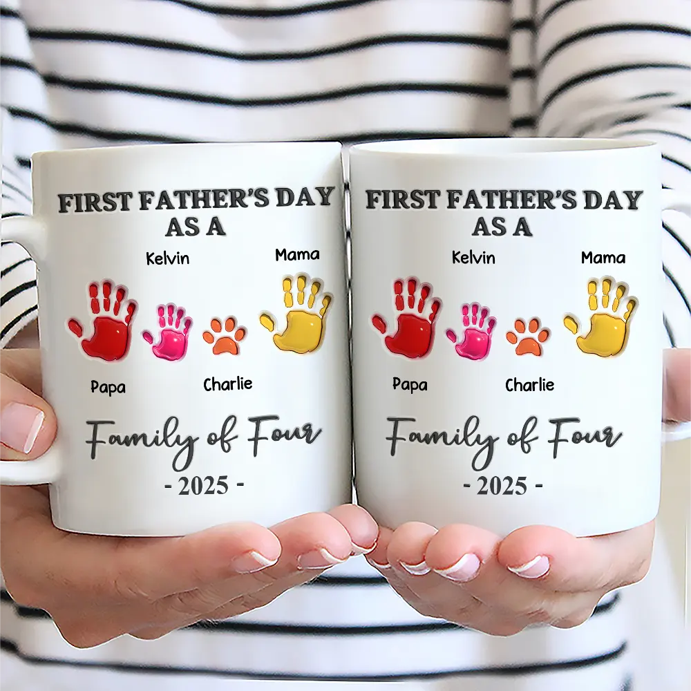 Family,Gift For Father,Happy - First Father's Day As A Family Of Four Handprints - 3D Inflated Effect Printed Mug, Personalized Mug