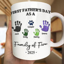 Family,Gift For Father,Happy - First Father's Day As A Family Of Four Handprints - 3D Inflated Effect Printed Mug, Personalized Mug