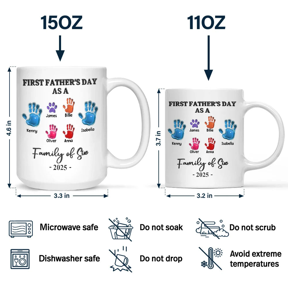 Family,Gift For Father,Happy - First Father's Day As A Family Of Four Handprints - 3D Inflated Effect Printed Mug, Personalized Mug