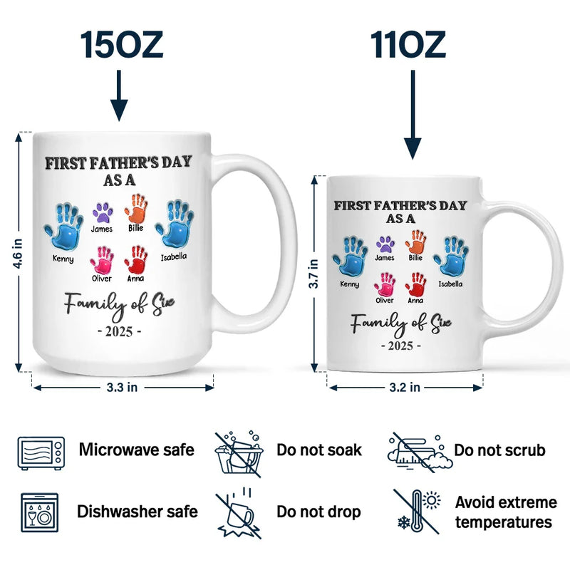 Family,Gift For Father,Happy - First Father's Day As A Family Of Four Handprints - 3D Inflated Effect Printed Mug, Personalized Mug