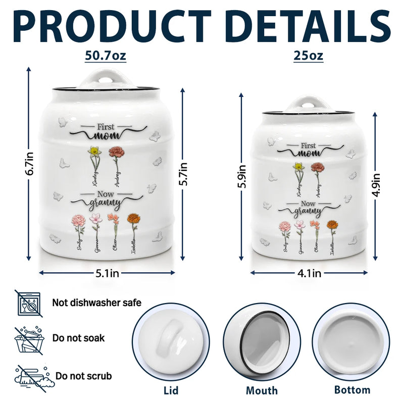 Gift For Mother,Gift For Grandma,Love,Happy - First Mom Now Grandma 3D Effect Birth Flowers - Personalized Cookie Jar