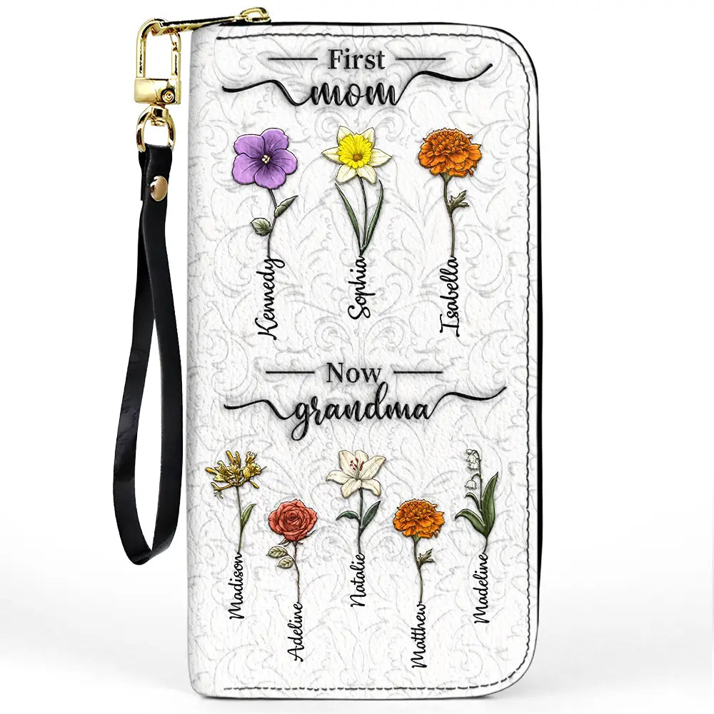First Mom Now Grandma 3D Effect Birth Flowers - Personalized Leather Long Wallet
