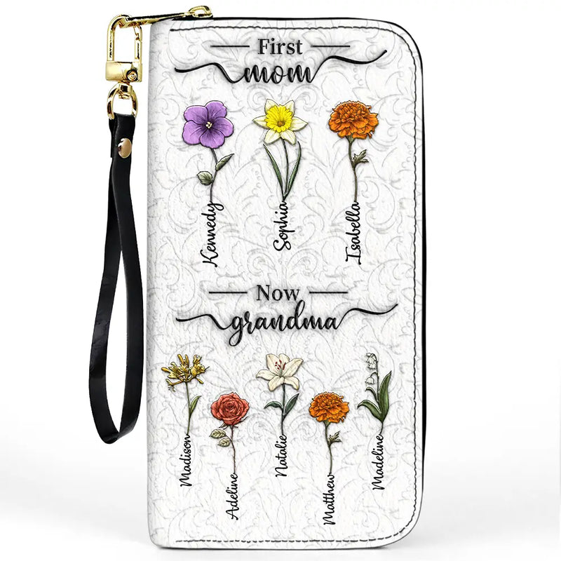 Gift For Mother,Gift For Grandma,Love,Happy - First Mom Now Grandma 3D Effect Birth Flowers - Personalized Leather Long Wallet