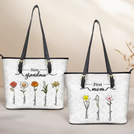 First Mom Now Grandma 3D Effect Birth Flowers - Personalized Leather Tote Bag
