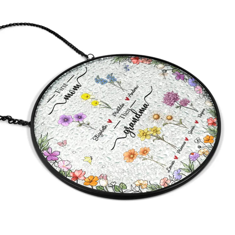 First Mom Now Grandma Birth Flower - Personalized Stained Glass Window Hanging Suncatcher