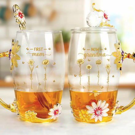 First Mom Now Grandma Birth Flowers - Personalized Glass Flower Tea Cup