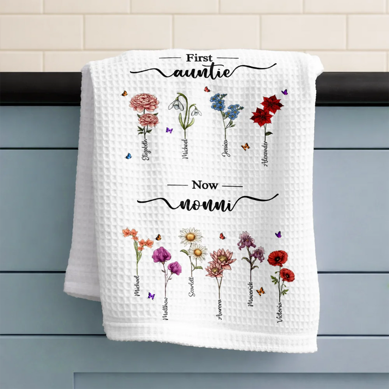 Gift For Mother,Gift For Grandma,Gift For Wife,Happy - First Mom Now Grandma Birth Flowers - Personalized Kitchen Towel