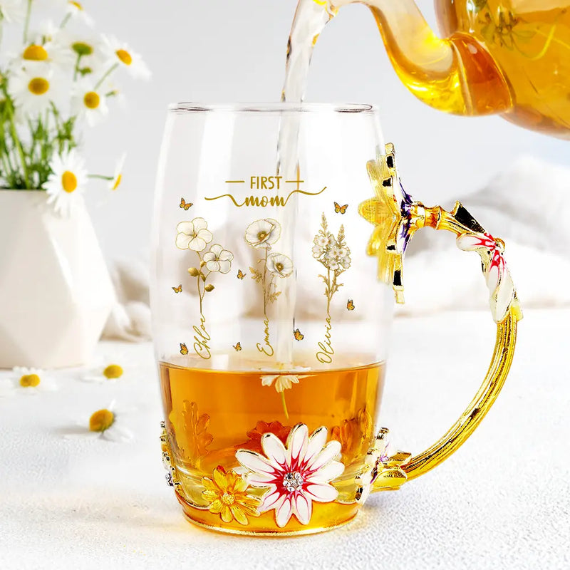Gift For Grandma,Grandma - Grandkids,Happy - First Mom Now Grandma Birth Month Flower - Personalized Glass Flower Tea Cup