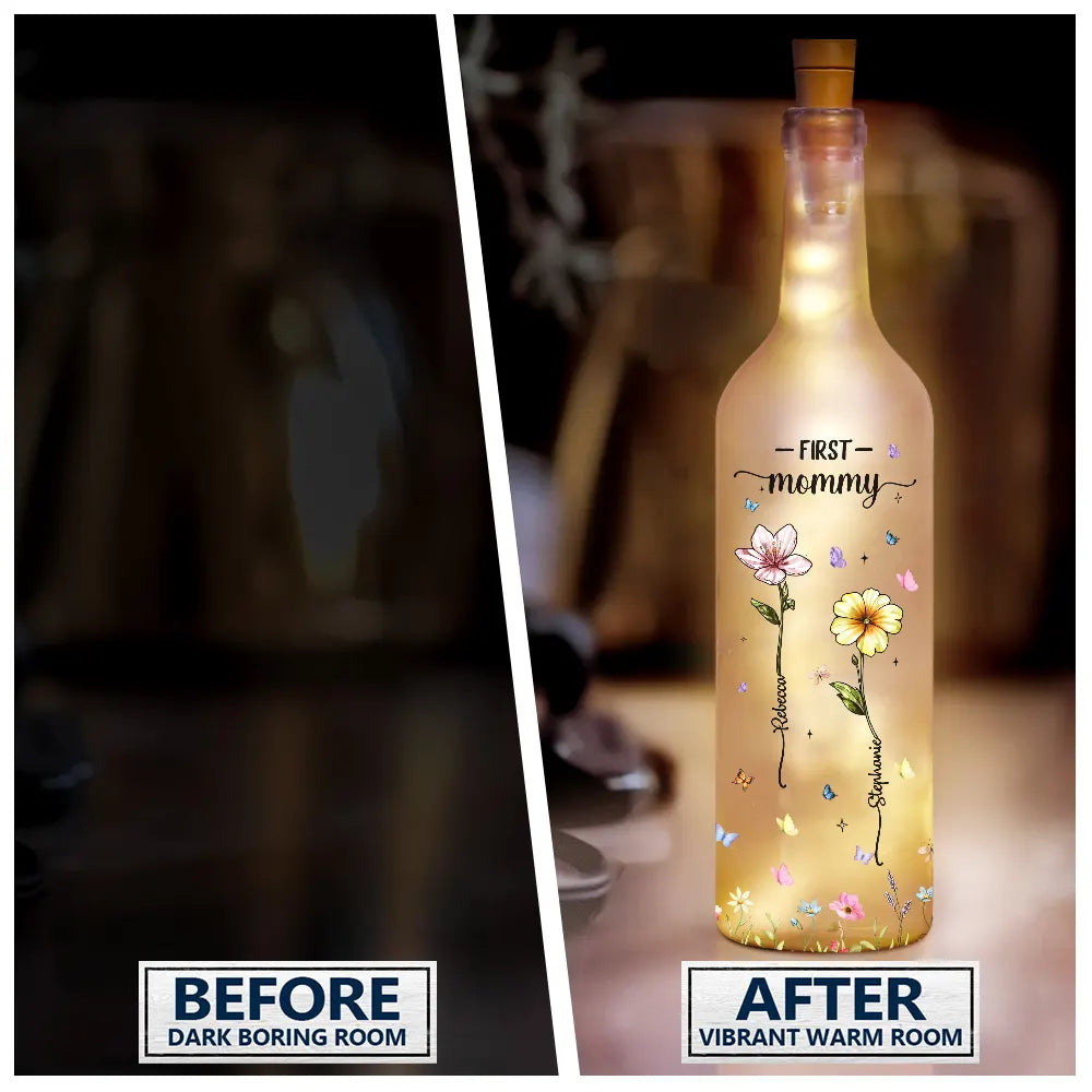 Gift For Mother,Gift For Grandma - First Mom Now Grandma Glass Effect Birth Flower - Personalized Bottle Light
