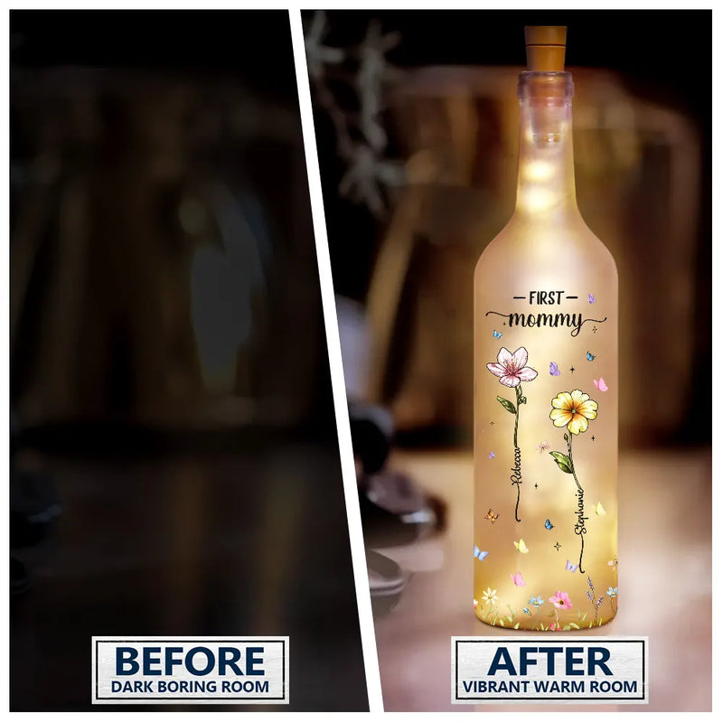 Gift For Mother,Gift For Grandma - First Mom Now Grandma Glass Effect Birth Flower - Personalized Bottle Light