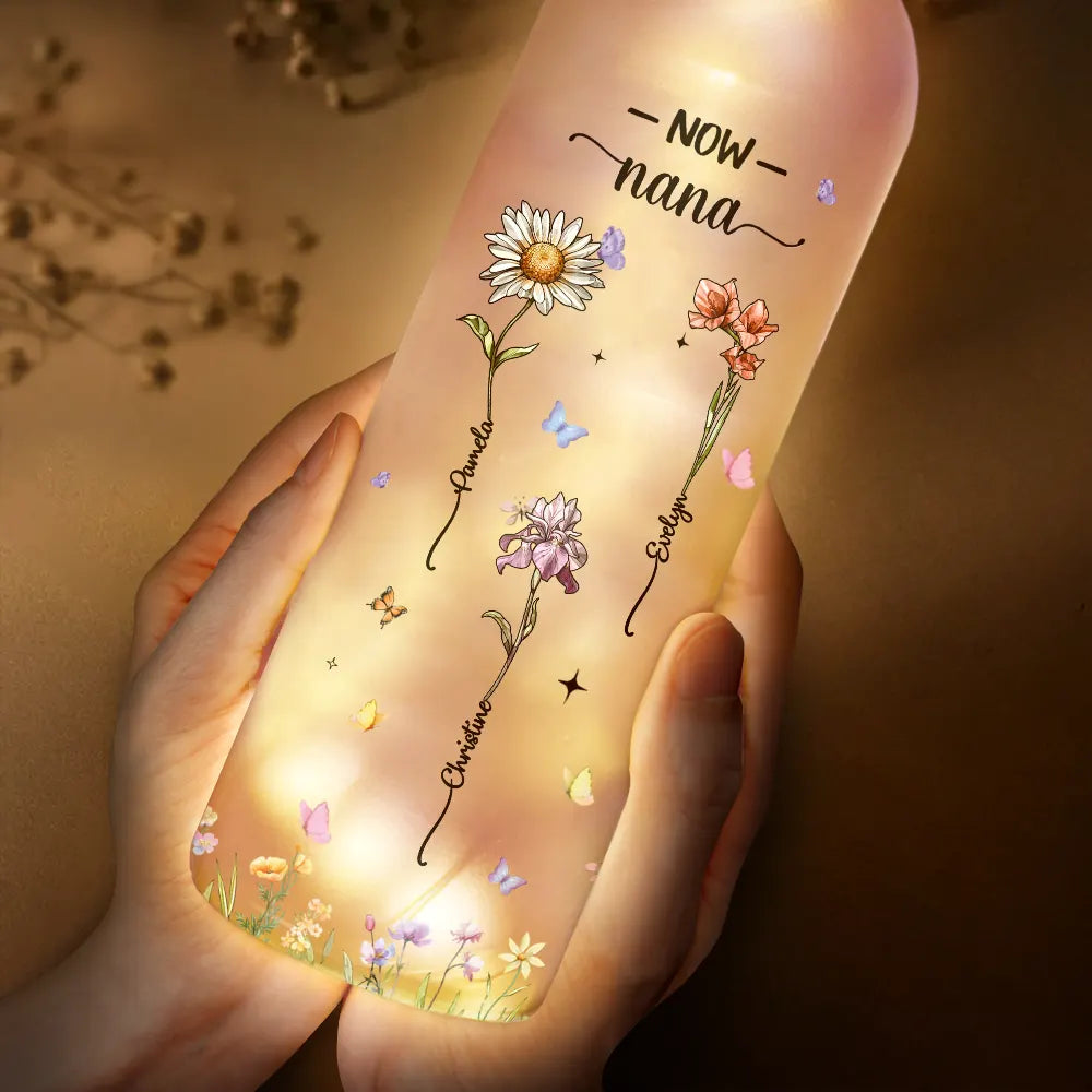 Gift For Mother,Gift For Grandma - First Mom Now Grandma Glass Effect Birth Flower - Personalized Bottle Light