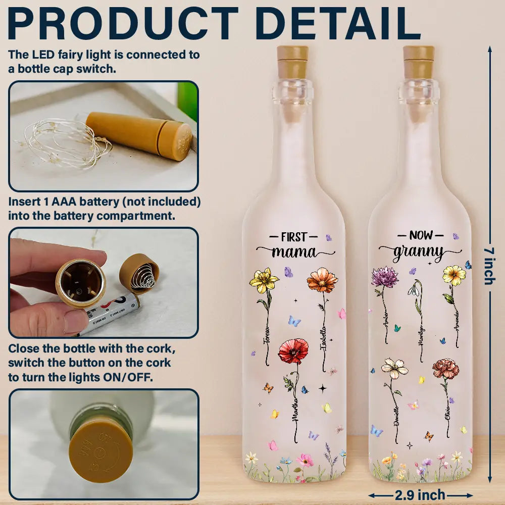 Gift For Mother,Gift For Grandma - First Mom Now Grandma Glass Effect Birth Flower - Personalized Bottle Light