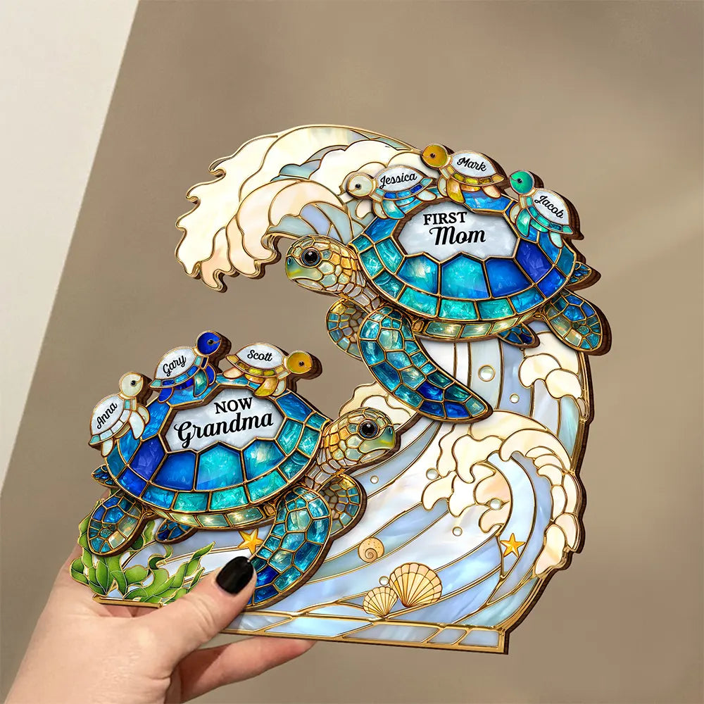 Summer, Gift For Grandma, Grandma - Grandkids, Beach, Happy - First Mom Now Grandma Stained Glass Turtle - Personalized Custom Shaped Wooden Plaque