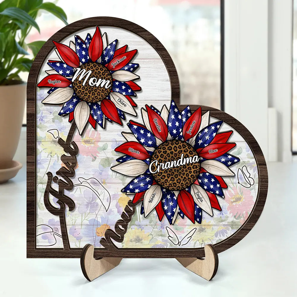 First Mom Now Grandma Sunflower America - Personalized 2-Layered Wooden Plaque With Stand