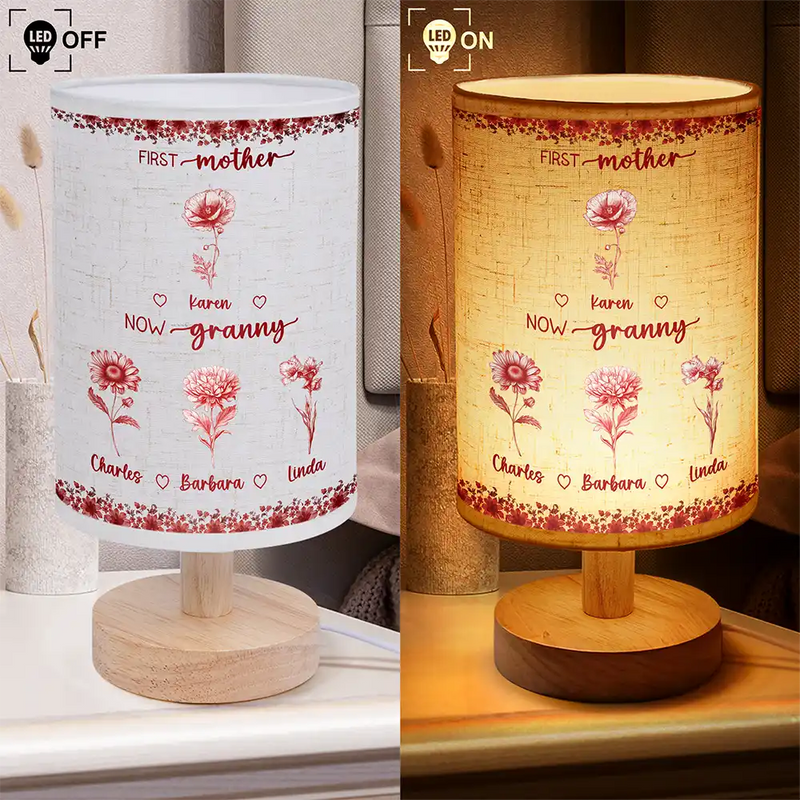 Gift For Grandma,Gift For Mother,Gift For Women,Happy,Christmas - First Mom Now Grandma Toile Birth Month Flowers - Personalized Fabric Lamp