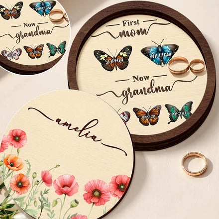First Mom Now Grandma Watercolor Flower - Personalized 2-Layered Wooden Ring Dish