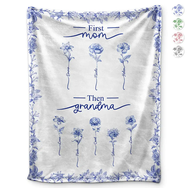 Christmas,Grandma - Grandkids,Gift For Grandma,Happy - First Mom Then Grandma Birth Month Flower Chinoiserie Toile - Personalized Fleece Blanket, Sherpa Blanket