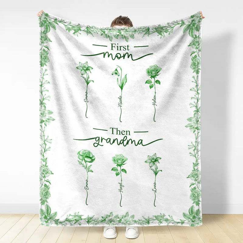 Christmas,Grandma - Grandkids,Gift For Grandma,Happy - First Mom Then Grandma Birth Month Flower Chinoiserie Toile - Personalized Fleece Blanket, Sherpa Blanket
