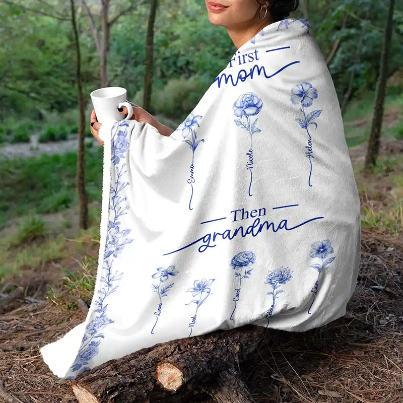Christmas,Grandma - Grandkids,Gift For Grandma,Happy - First Mom Then Grandma Birth Month Flower Chinoiserie Toile - Personalized Fleece Blanket, Sherpa Blanket